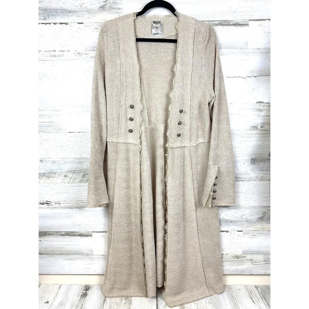 VOCAL Womens L Beige Long Sleeve Open Front Boho Cardigan Duster Bell Cuff NEW